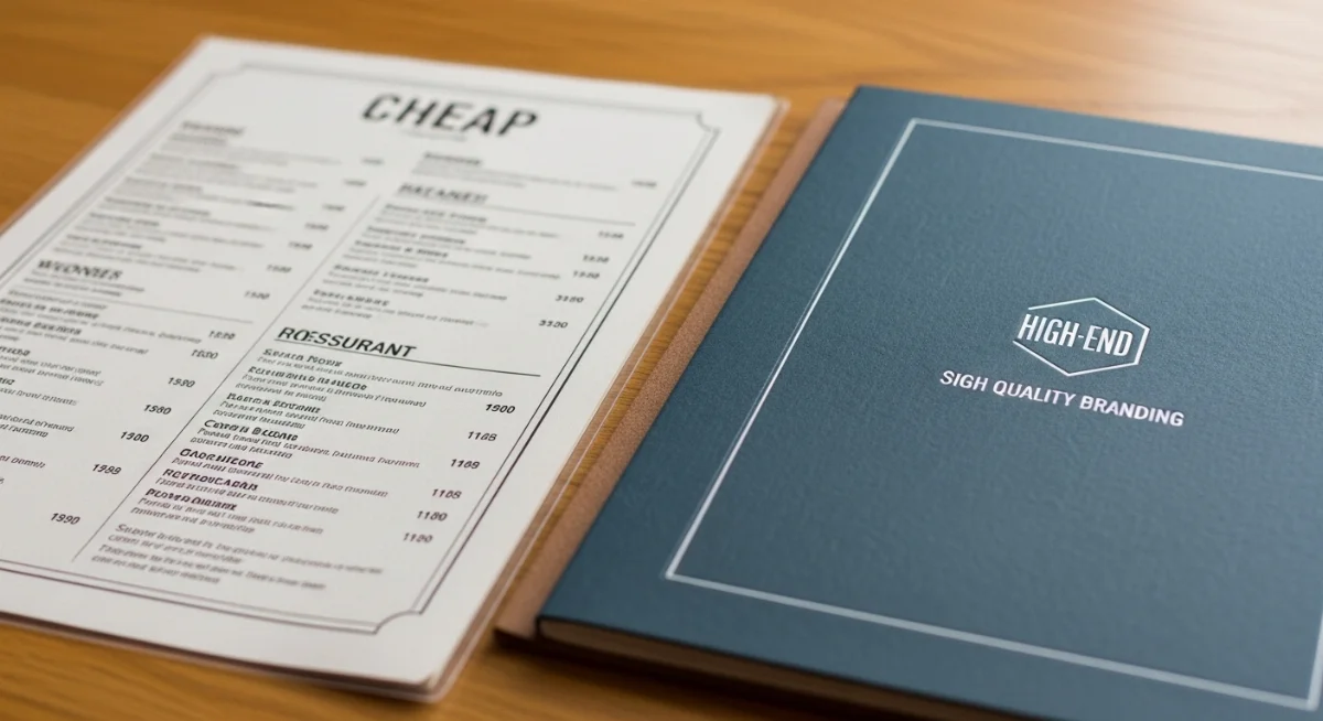 Hình ảnh minh họa menu nhà hàng sang trọng và menu quán ăn giá rẻ, so sánh chất lượng in ấn