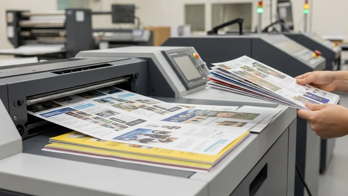 Mặt trước tờ rơi gấp ba với tiêu đề nổi bật và hình ảnh sản phẩm chất lượng cao.