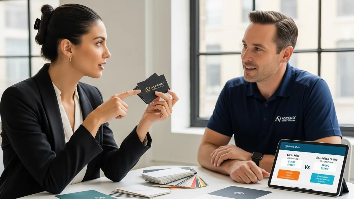 Một người doanh nhân nhận card visit chất lượng cao gần văn phòng