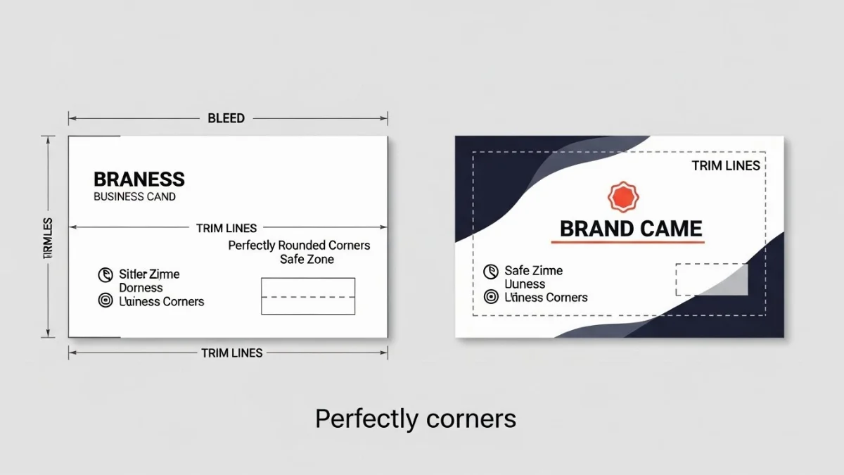 Sơ đồ minh họa vùng tràn, vùng cắt và vùng an toàn trong thiết kế in ấn card visit bo góc