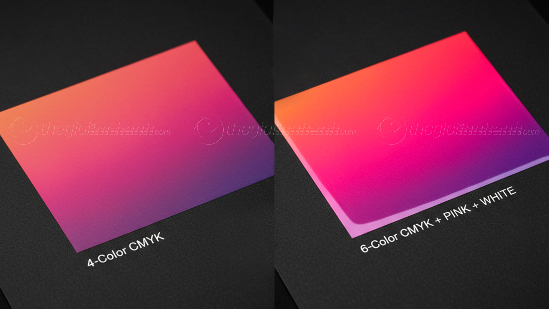 So sánh giữa bản in 4 màu (trông hơi mờ nhạt) và bản in 6 màu (trông rực rỡ, sống động)